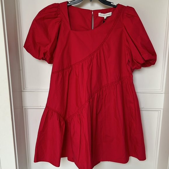 ENGLISH FACTORY Women's Asymmetric Poplin Tiered Sadie Dress Red Raspberry Small - Picture 3 of 11